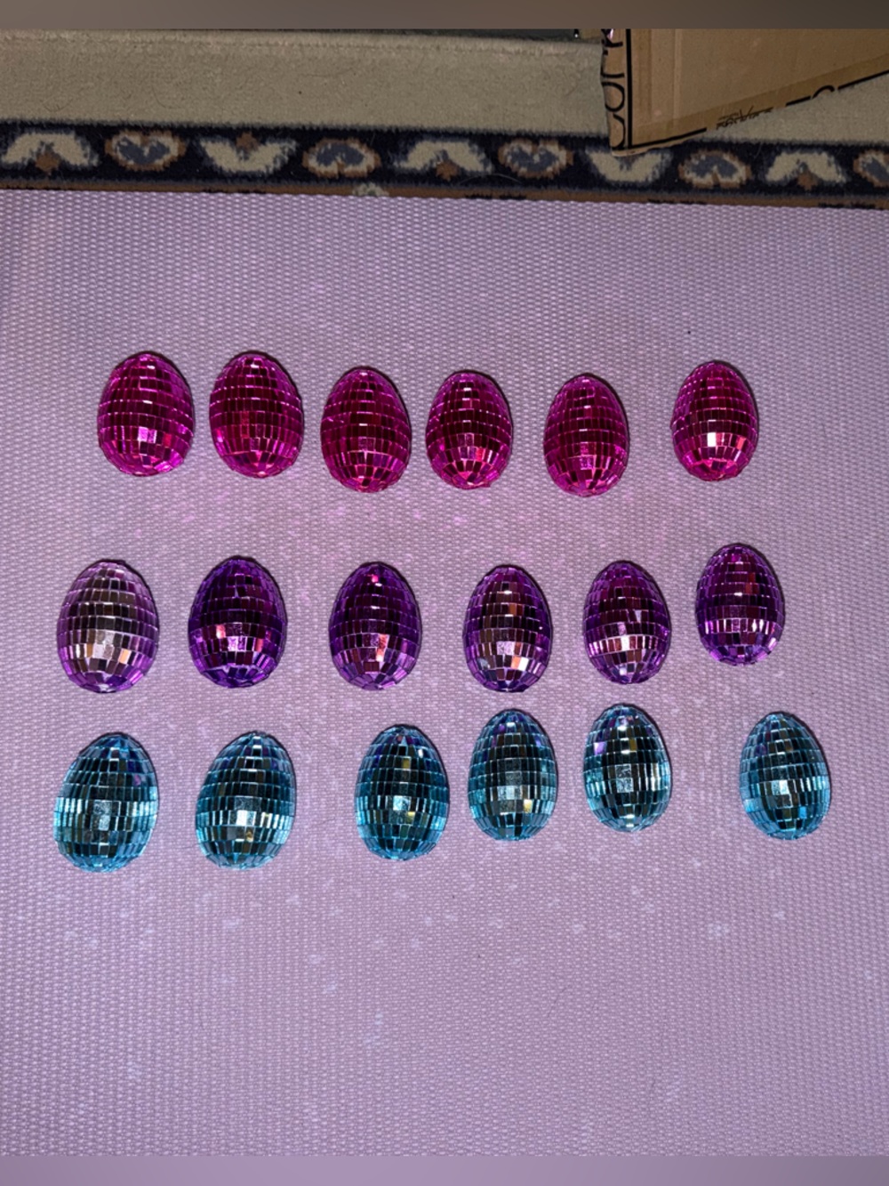 Set of Shiny Blue, Purple and Pink Plastic Disco Eggs